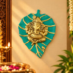 Lord Ganesh on Leaf Patta Wall Hanging - Green