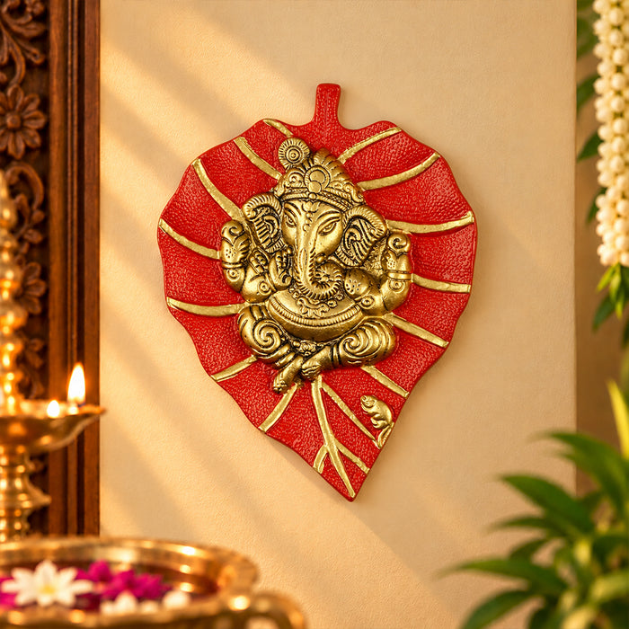 Lord Ganesh on Leaf Patta Wall Hanging - Red