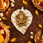 Lord Ganesh on Leaf Patta Wall Hanging - White