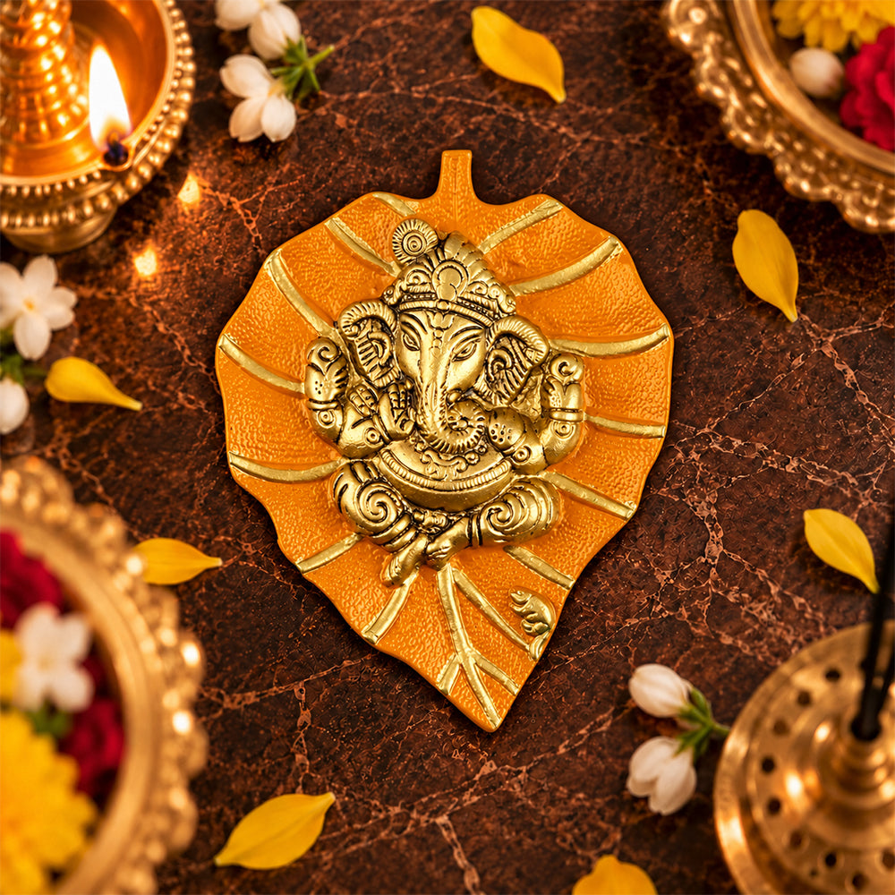 Lord Ganesh on Leaf Patta Wall Hanging - Yellow