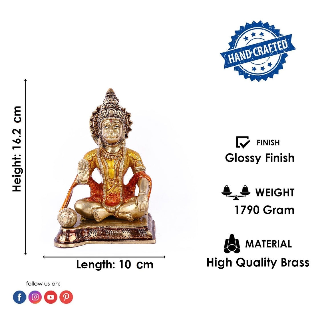 6.3 Inch Pleasant Brass Hanuman Idol