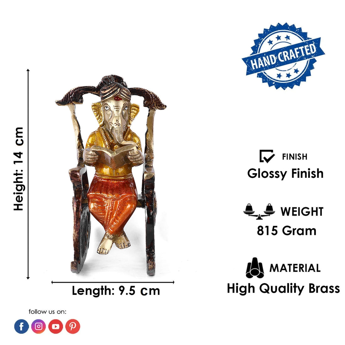 4.5 Inch Pure Brass Reading Book Ganesha Statue