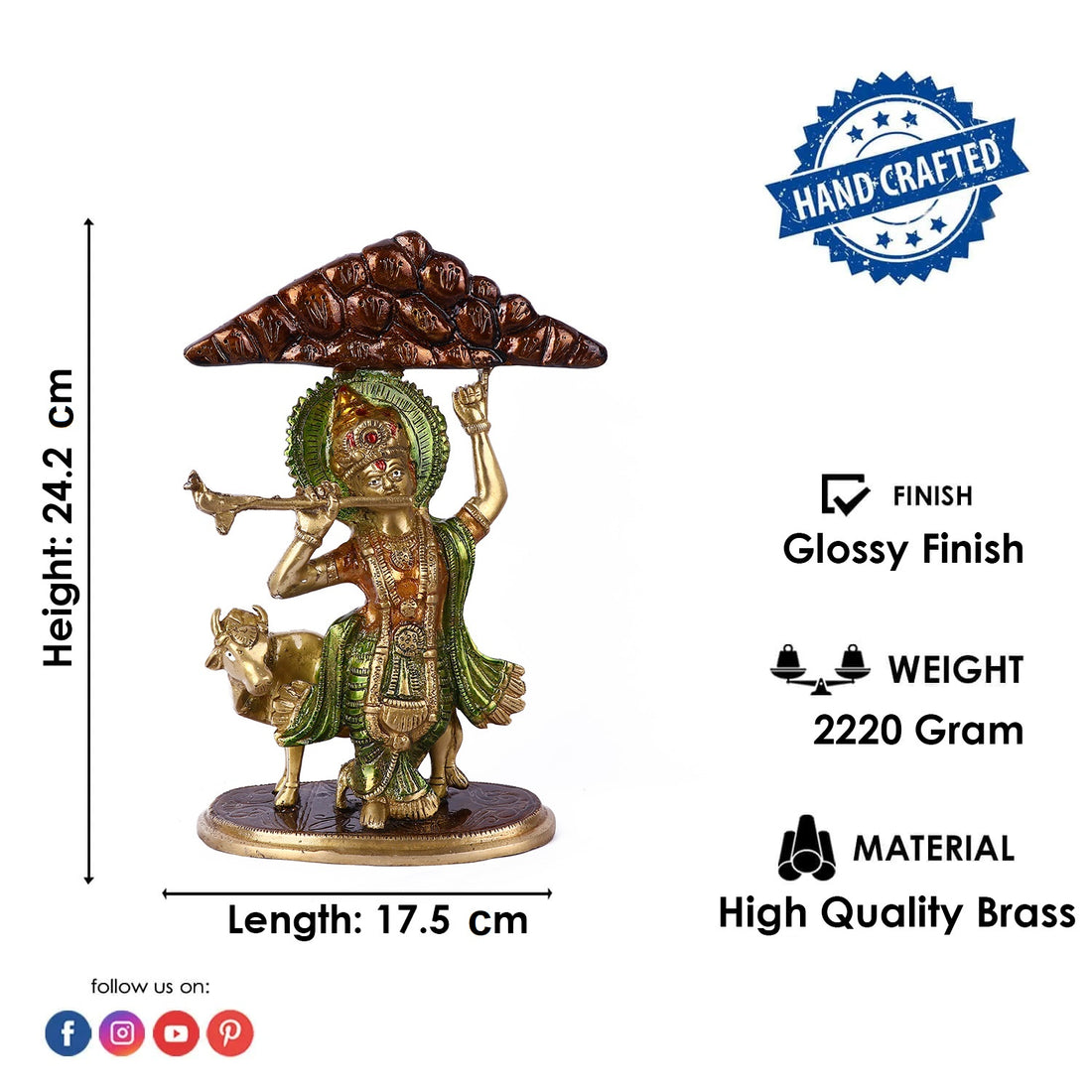 3.9 Inch Brass Krishna Hold Mount Govardhan Idol