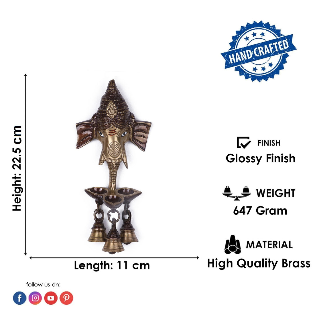 8.8 Inch Brass Ganesh With Bell And Diya Wall Hanging