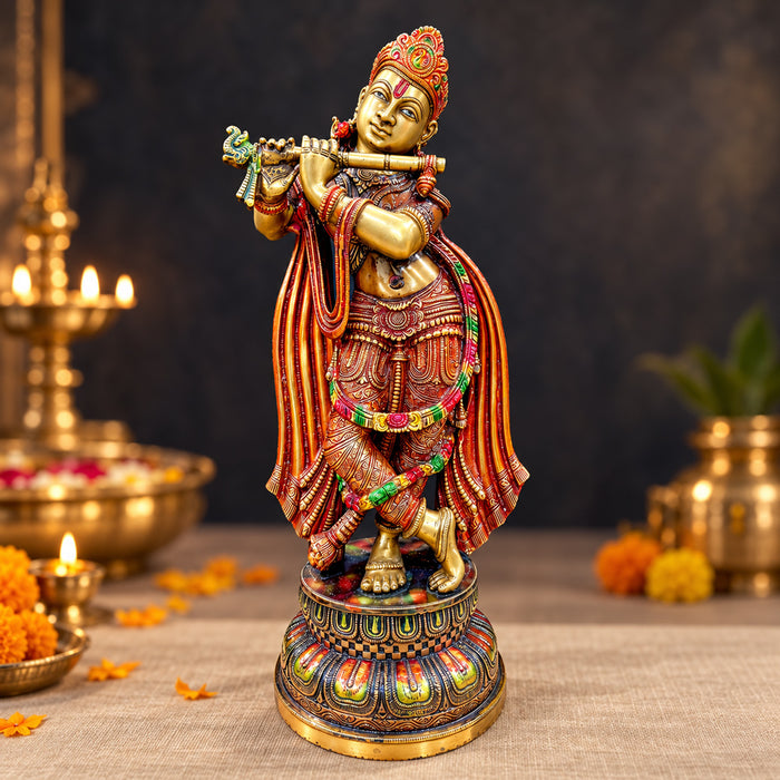 18.2 Inch Delicate Krishna Colorful Brass Idol