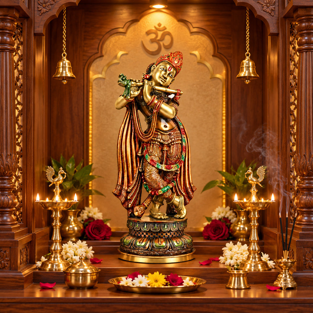 18.2 Inch Delicate Krishna Colorful Brass Idol
