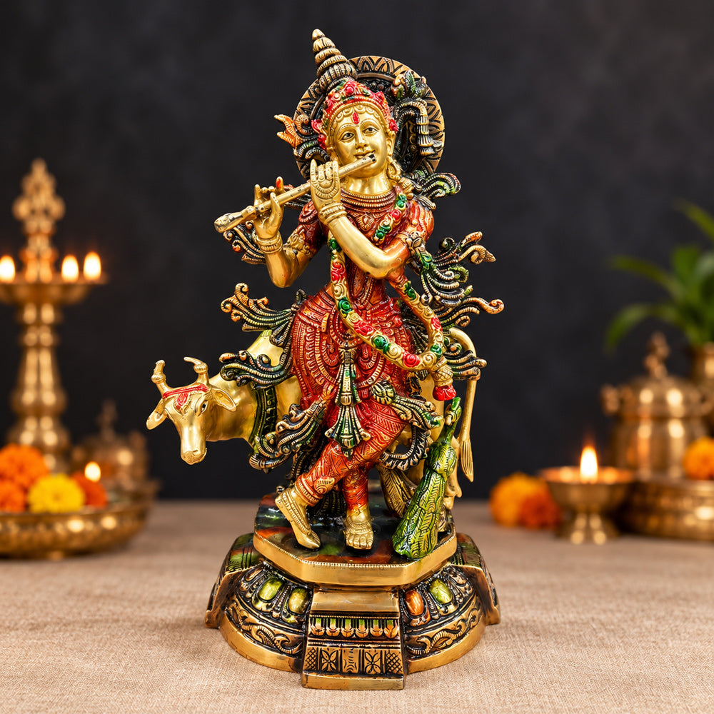 15 Inch Lovely Krishna with Cow Colorful Brass Idol