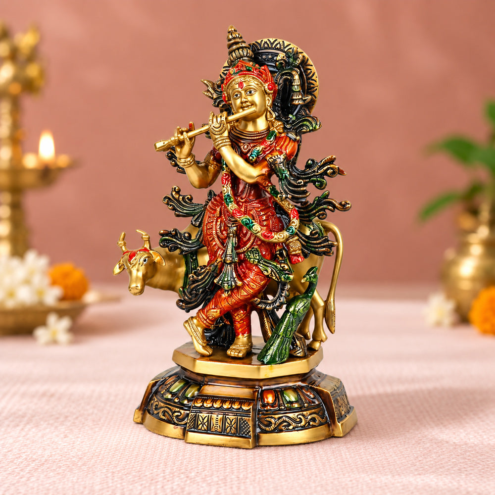 15 Inch Lovely Krishna with Cow Colorful Brass Idol