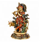 15 Inch Lovely Krishna with Cow Colorful Brass Idol