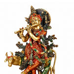 15 Inch Lovely Krishna with Cow Colorful Brass Idol