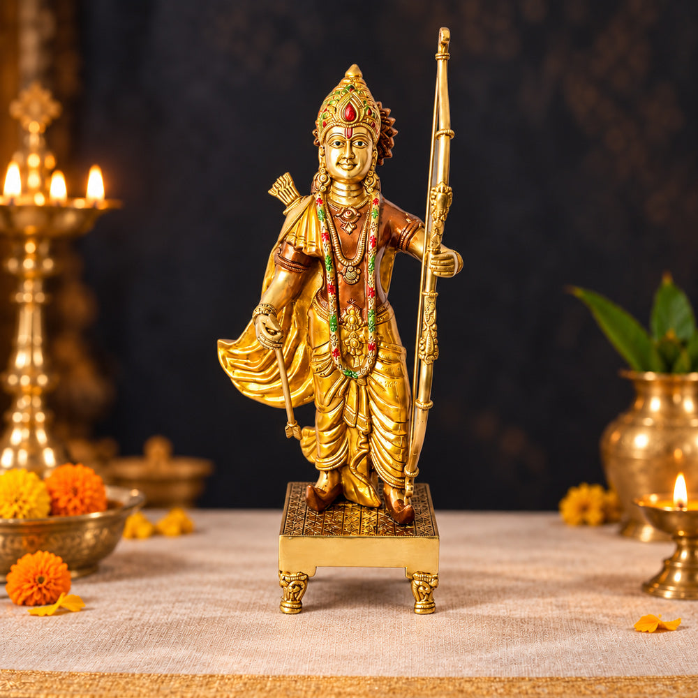 17.1 Inch Exquisite Brass Ram Statue with Vibrant Bow Design