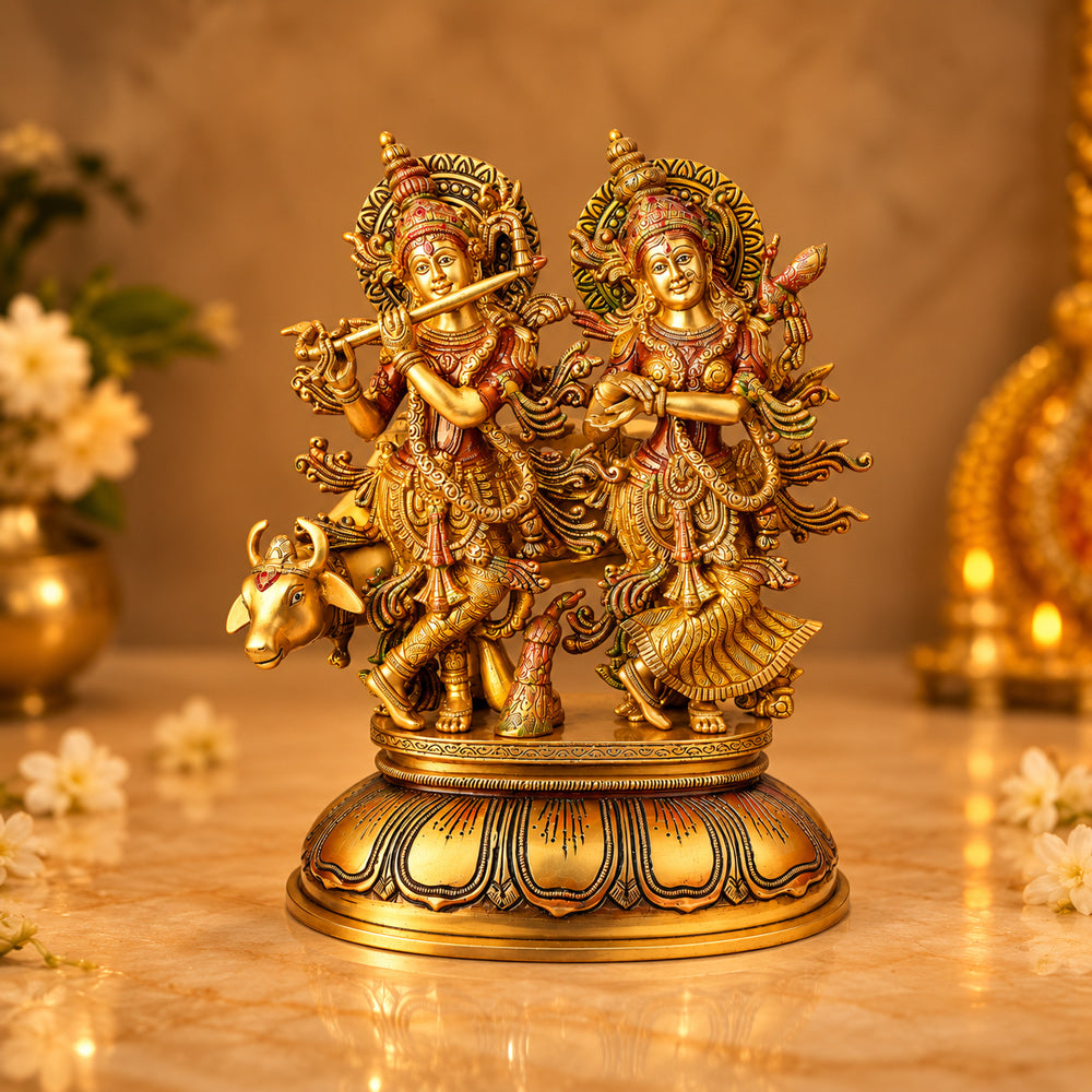 16.5 Inch Charming Radha Krishna with Kamdhenu Colorful Brass Idol