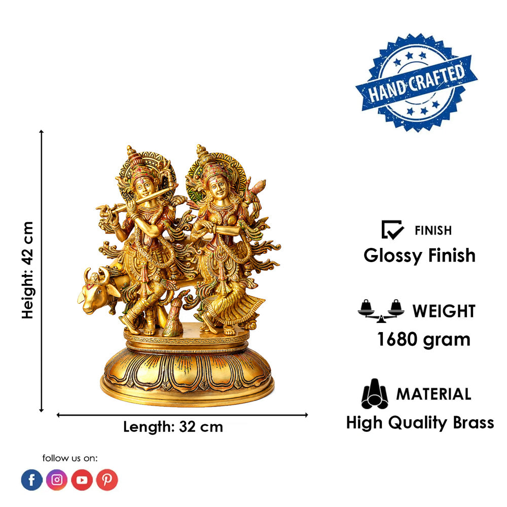 16.5 Inch Charming Radha Krishna with Kamdhenu Colorful Brass Idol