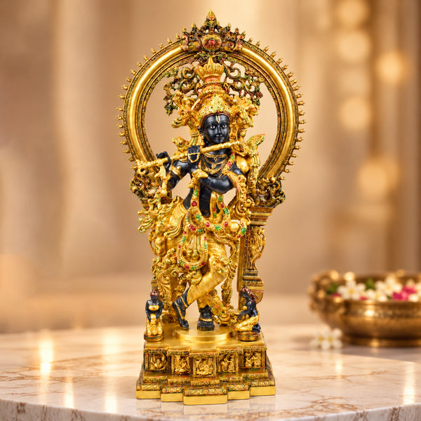 32 Inch Lord Krishna Stands on an Engraved Base with Frame