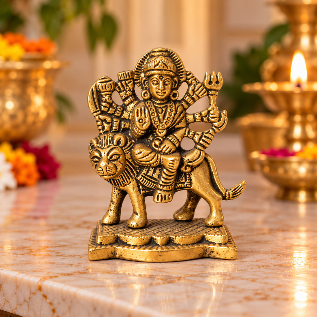 3.1 Inch Brass Sherawali Mata Idol with Base