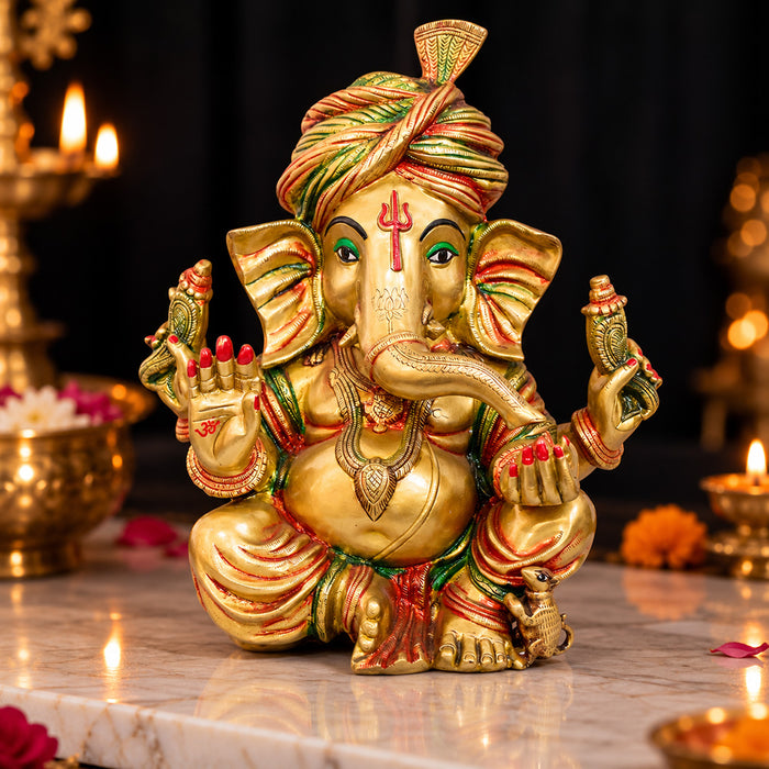 17.3 Inch Handcrafted Ganpati Brass Idol – Antique Gold Finish