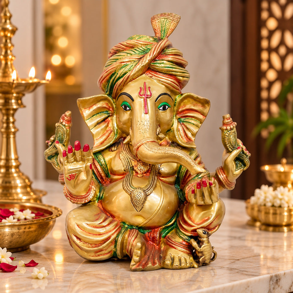 17.3 Inch Handcrafted Ganpati Brass Idol – Antique Gold Finish