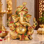 17.3 Inch Handcrafted Ganpati Brass Idol – Antique Gold Finish