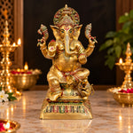 30 Inch Brass Seated Ganpati Idol with Glossy Finish