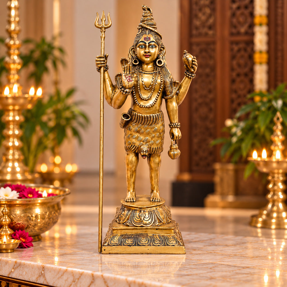 40 Inch Brass Standing Lord Shiva Statue - Idol with Trishul & Damaru