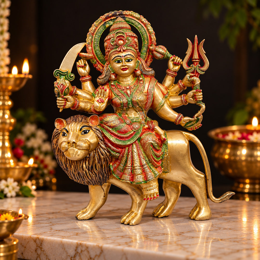23 Inch Intricate Brass Durga Statue on Lion - Multi-Armed Goddess Idol