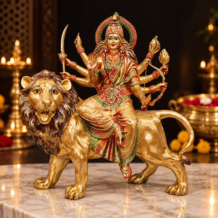 26 Inch Powerful Brass Durga Riding Lion Statue
