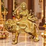 43 Inch Brass Durga Riding Lion Statue - Multi-Armed Goddess Idol with Sword & Trident