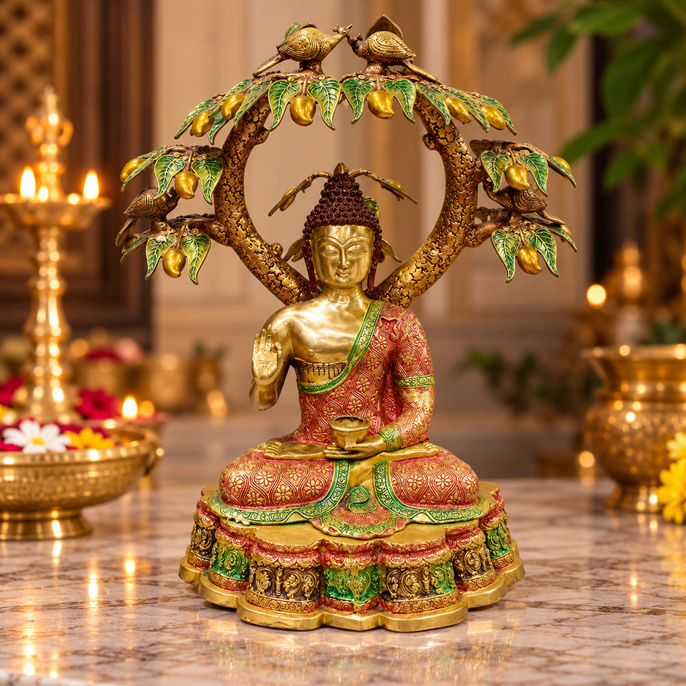 30 Inch Large Brass Buddha Under Mango Tree with Birds Statue