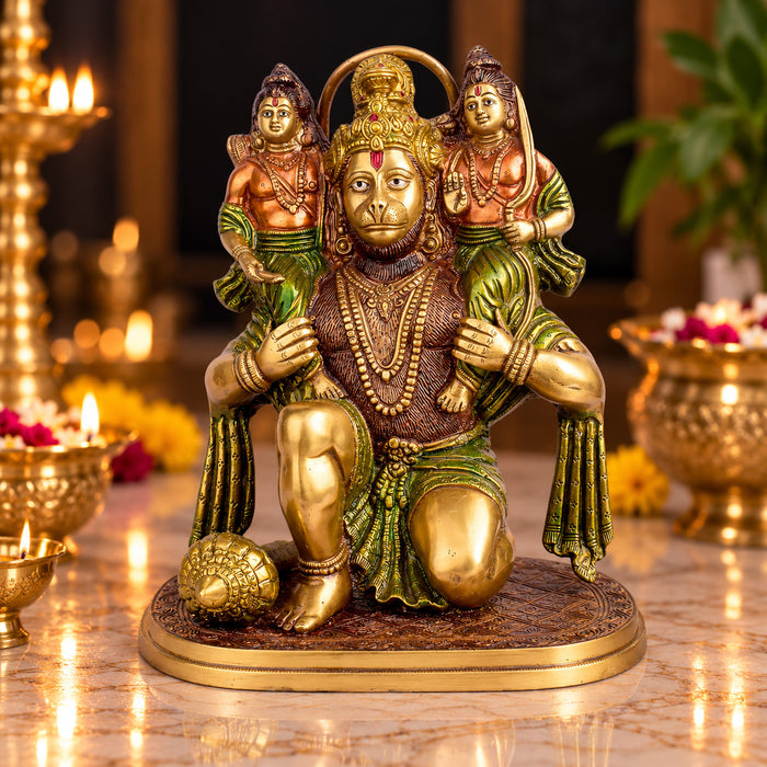 11.4 Inch Hanuman with Ram Laxman on Shoulder Brass Idol