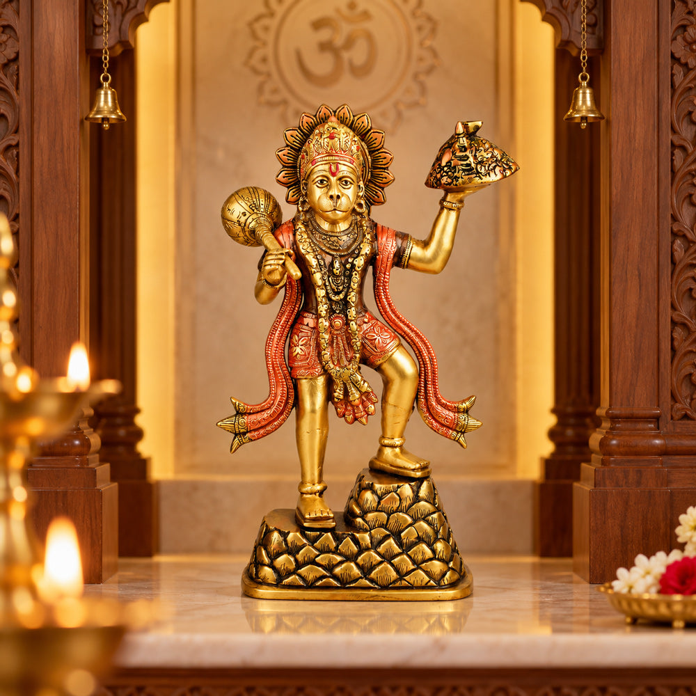 14 Inch Brass Lord Hanuman Carrying Sanjeevani Mountain