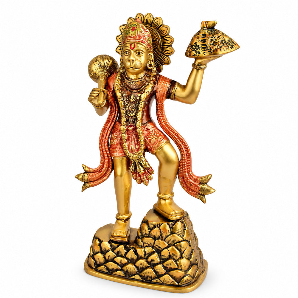 14 Inch Brass Lord Hanuman Carrying Sanjeevani Mountain