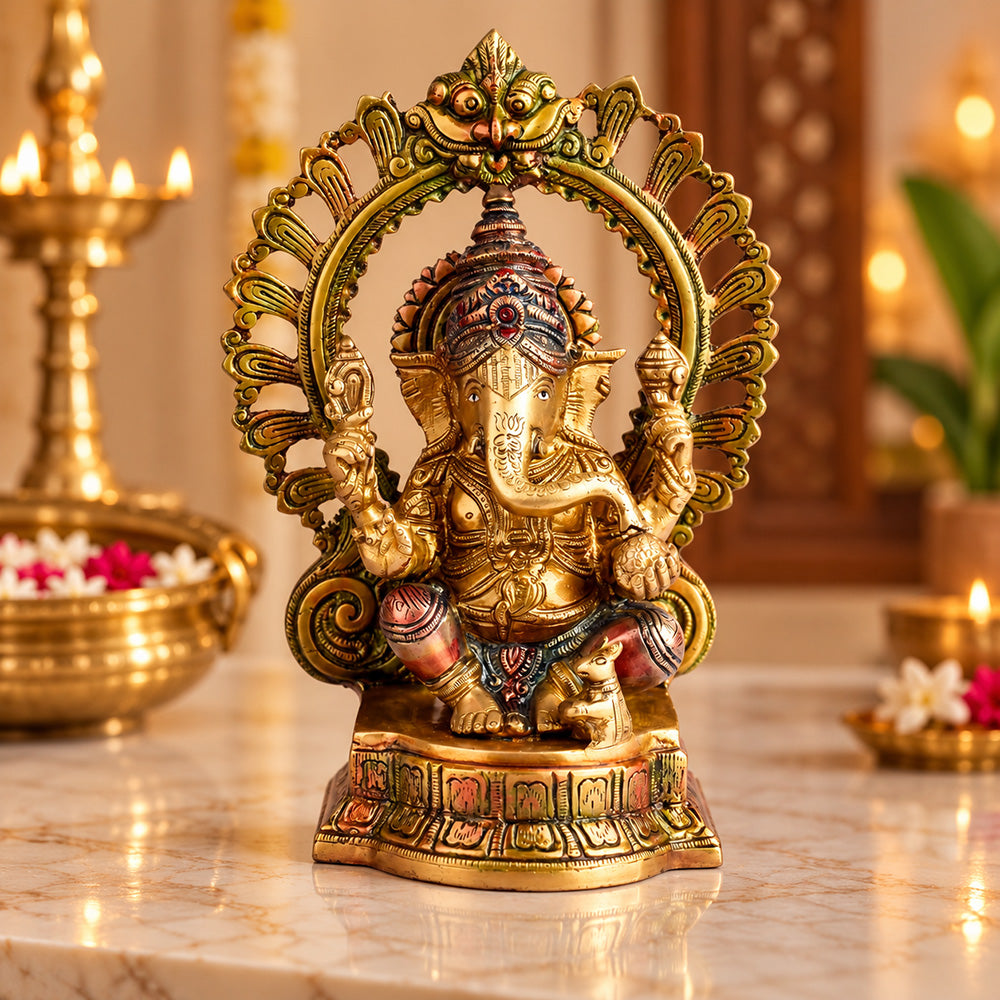 10.6 Inch Lord Ganesha on Singhasan Brass Idol