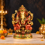 12.8 Inch Lord Ganesha Brass Statue with Riddhi Siddhi