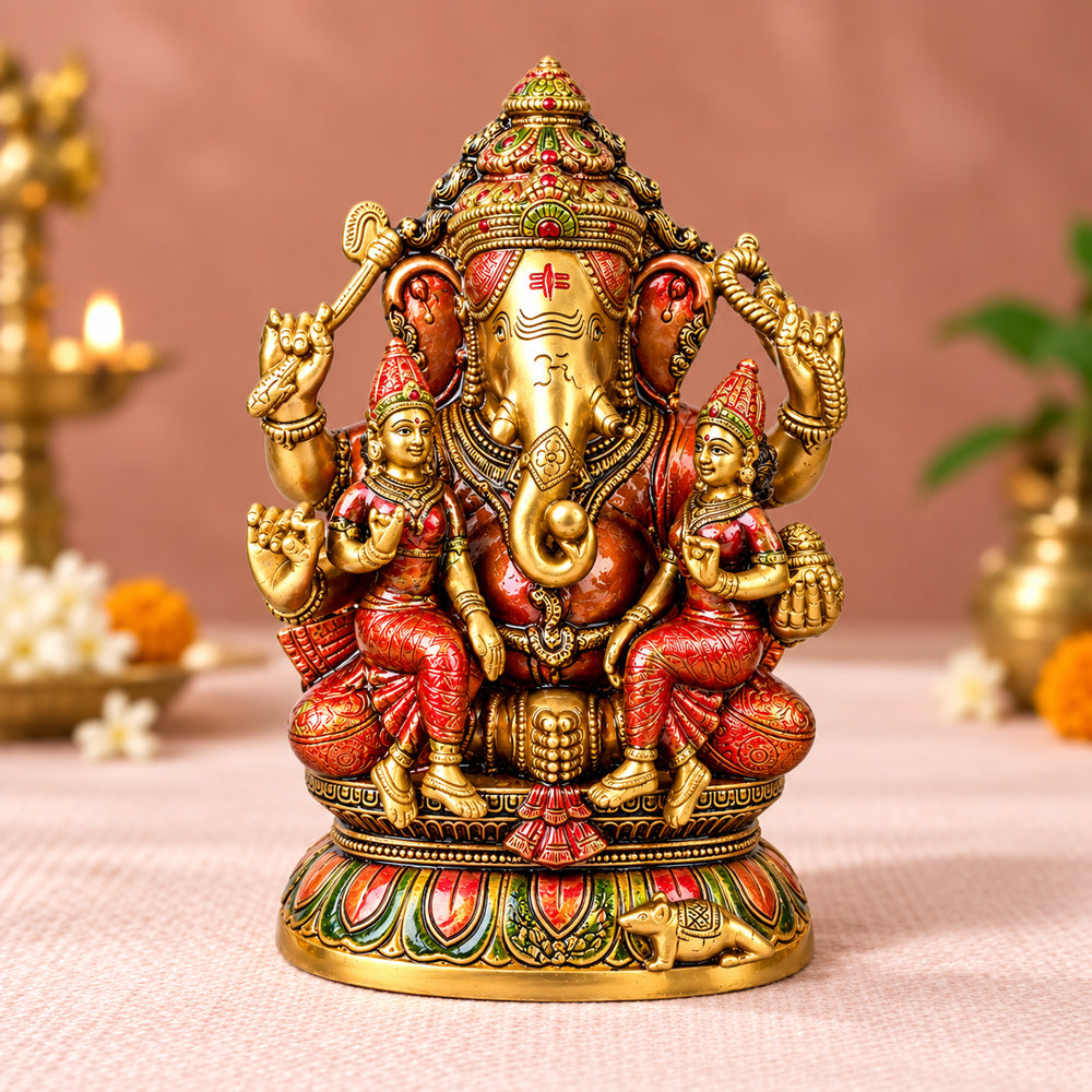 12.8 Inch Lord Ganesha Brass Statue with Riddhi Siddhi