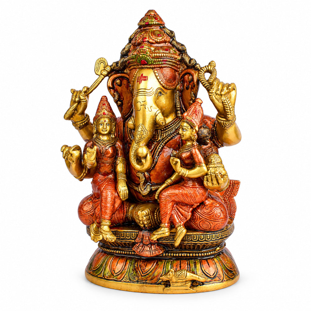 12.8 Inch Lord Ganesha Brass Statue with Riddhi Siddhi
