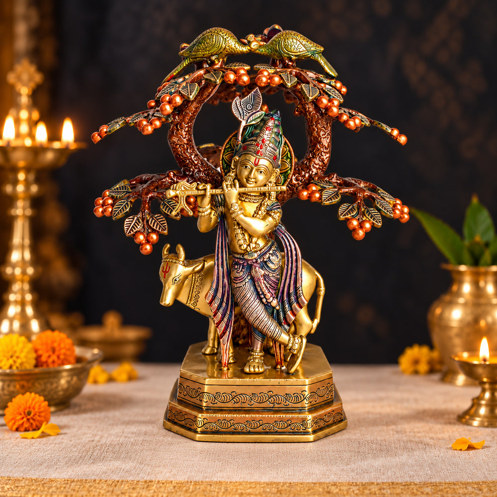 13.4 Inch Pure Brass Krishna with Cow Under Tree Statue
