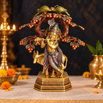 13.4 Inch Pure Brass Krishna with Cow Under Tree Statue
