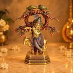 13.4 Inch Pure Brass Krishna with Cow Under Tree Statue