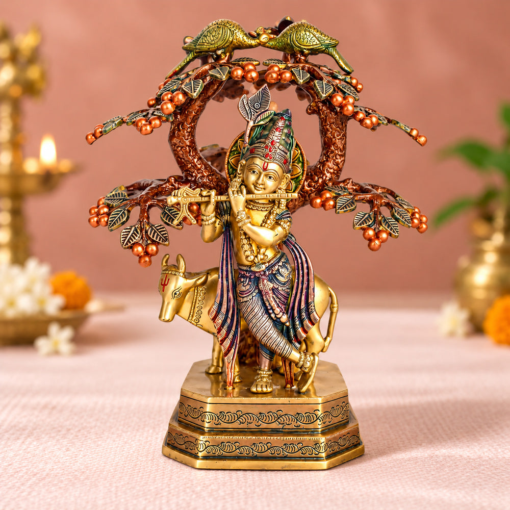13.4 Inch Pure Brass Krishna with Cow Under Tree Statue