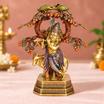 13.4 Inch Pure Brass Krishna with Cow Under Tree Statue