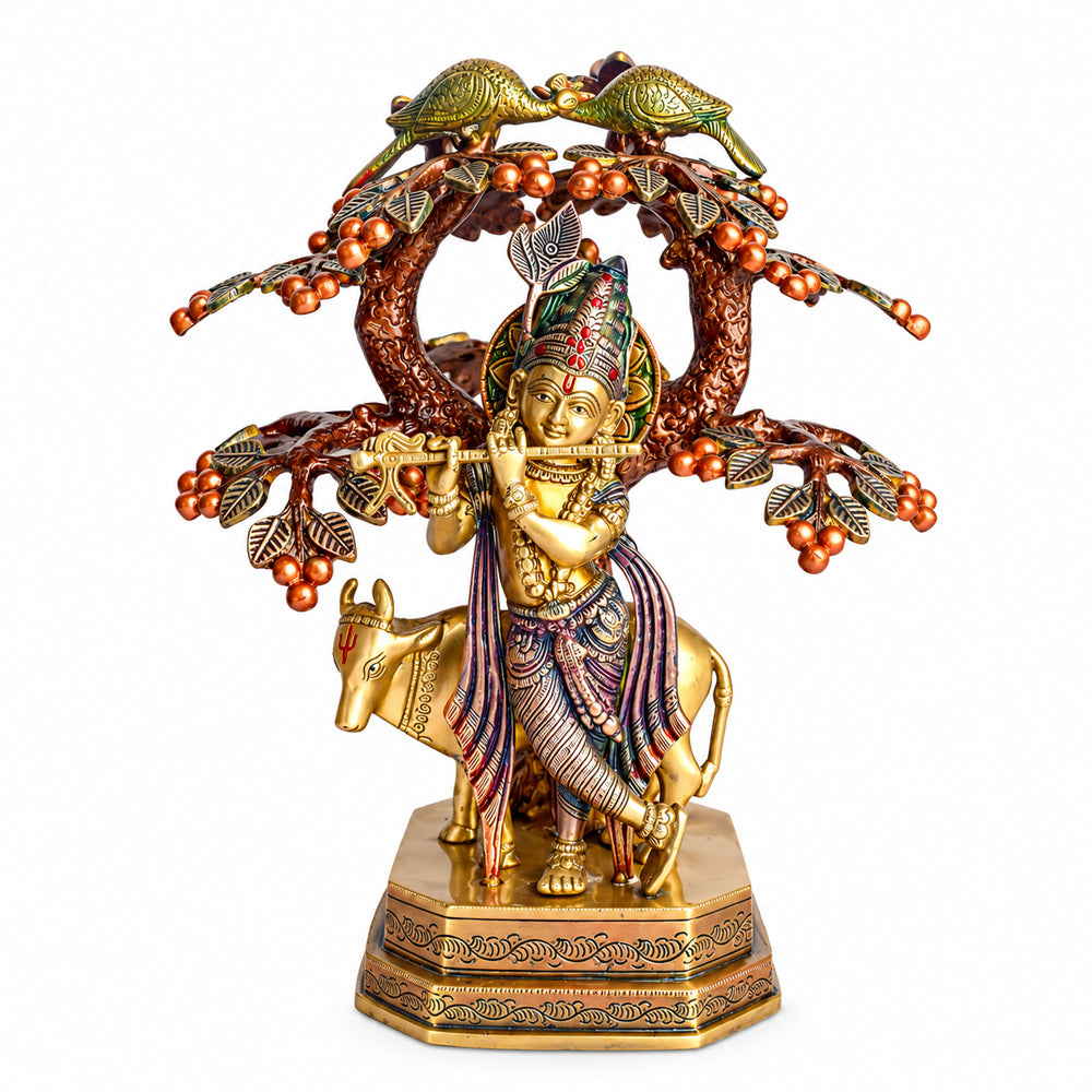 13.4 Inch Pure Brass Krishna with Cow Under Tree Statue
