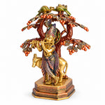 13.4 Inch Pure Brass Krishna with Cow Under Tree Statue