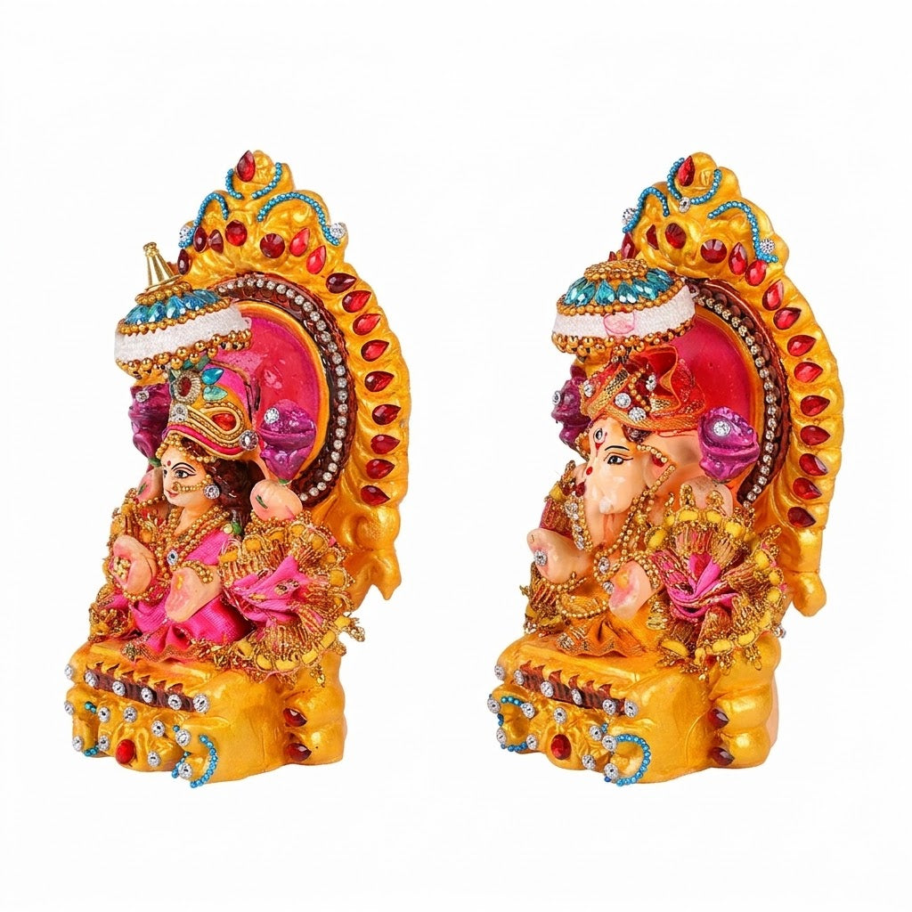 Decorated Clay Lakshmi Ganesh Idol with Stone Work Dress