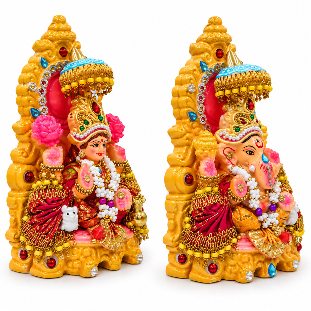 Stone Studded Clay Laxmi Ganesh Idols with Golden Throne