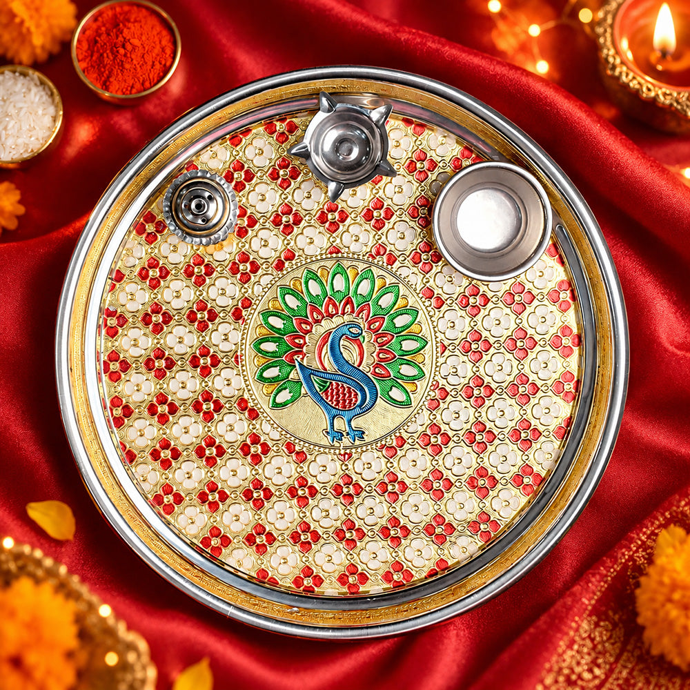 Printed Stainless Steel Aarti Thali Ensemble