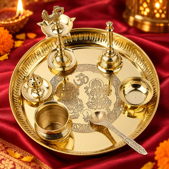 7 Piece Brass Laxmi Ganesh Pooja Thali Set (9 Inch) Design 3