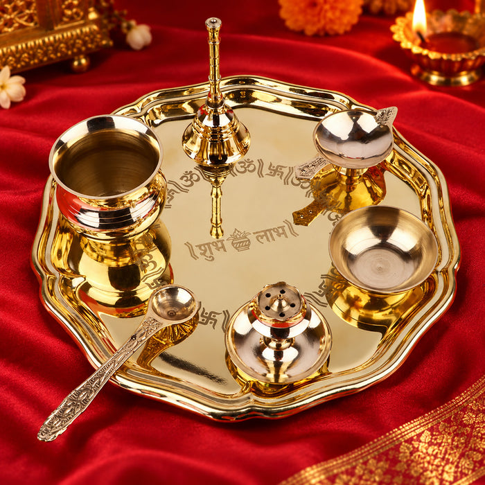 7 Piece Brass Shubh Labh Pooja Thali Set (8 Inch) Design 8