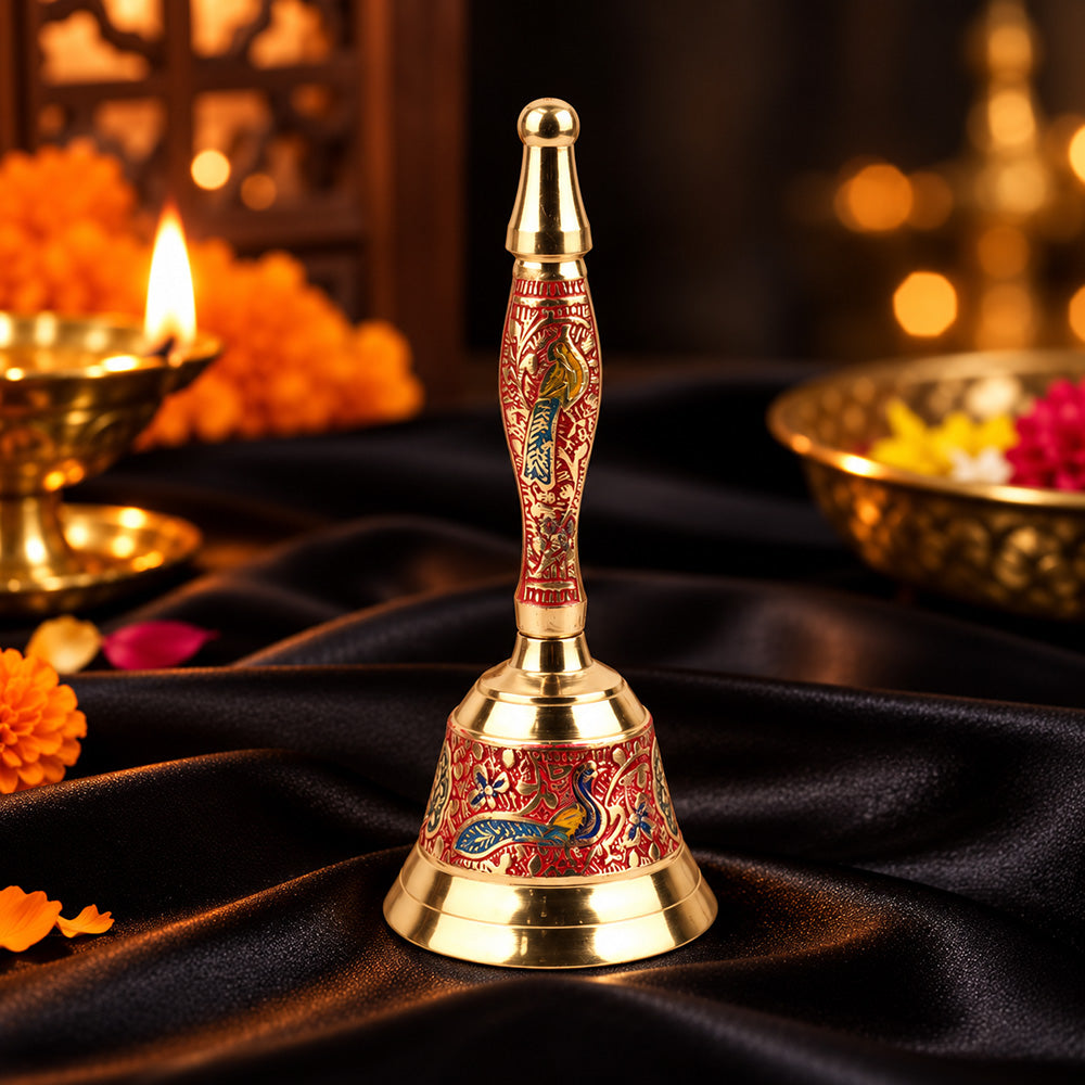 7 Inch Handcrafted Meenakari Brass Puja Bell (Red)
