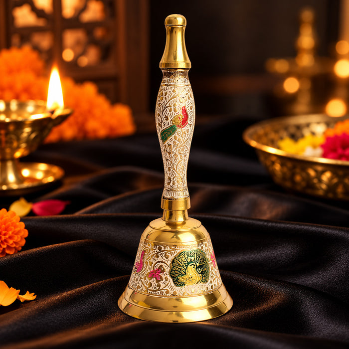 7 Inch Handcrafted Meenakari Brass Puja Bell (White)