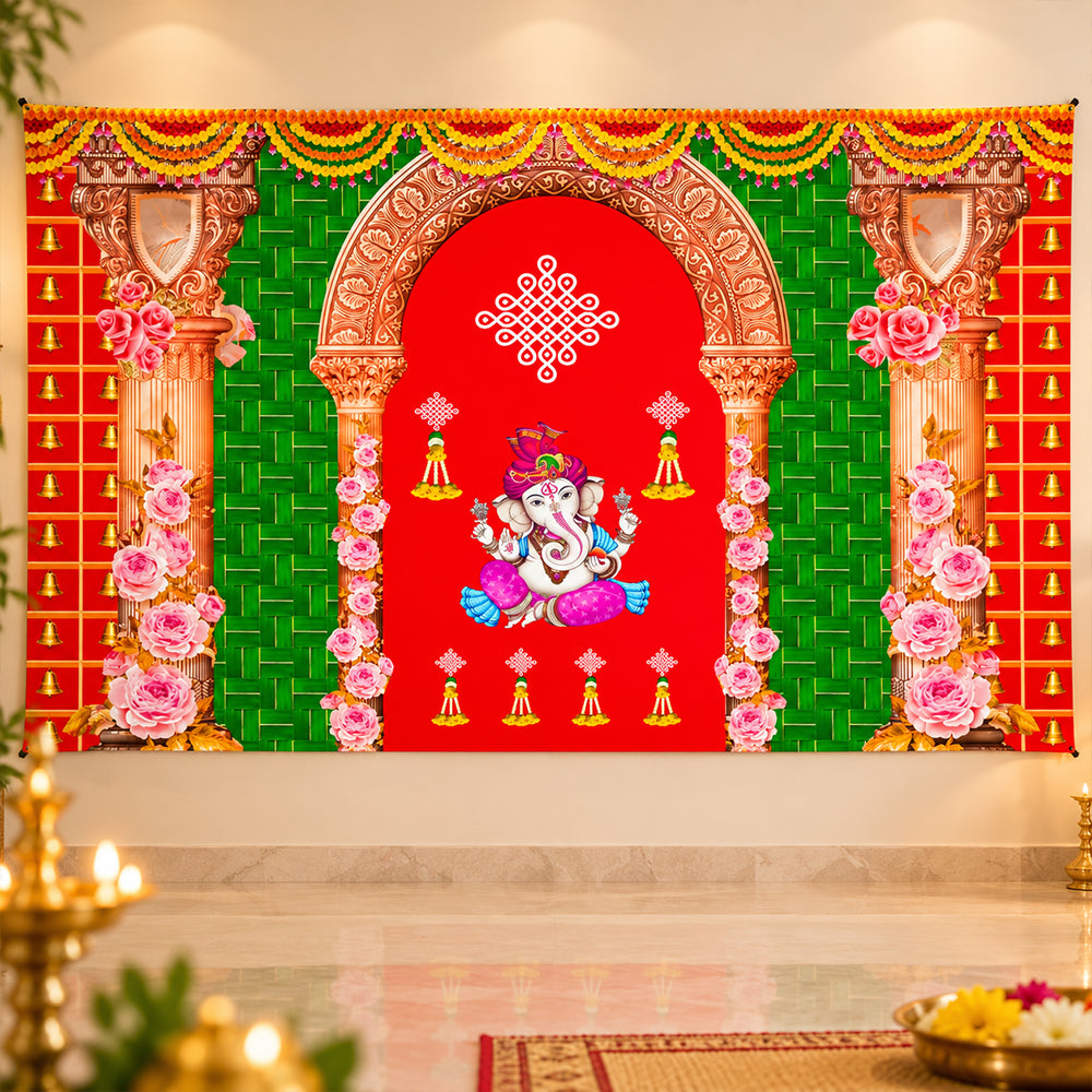 Backdrop Cloth Print Ganesh on Banana Leaf Design
